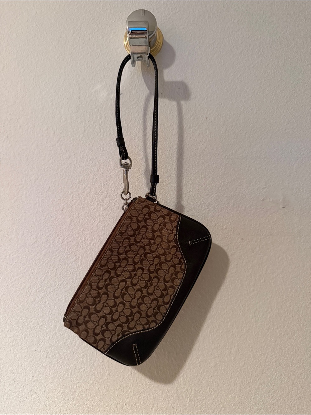 Coach Brown Signature Canvas Wristlet with Dark Brown Leather Trim